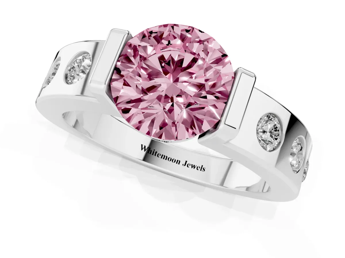 Fancy Pink Round Cut Brilliant Channel-Set Diamond Ring with Bezel Prong Setting Silver