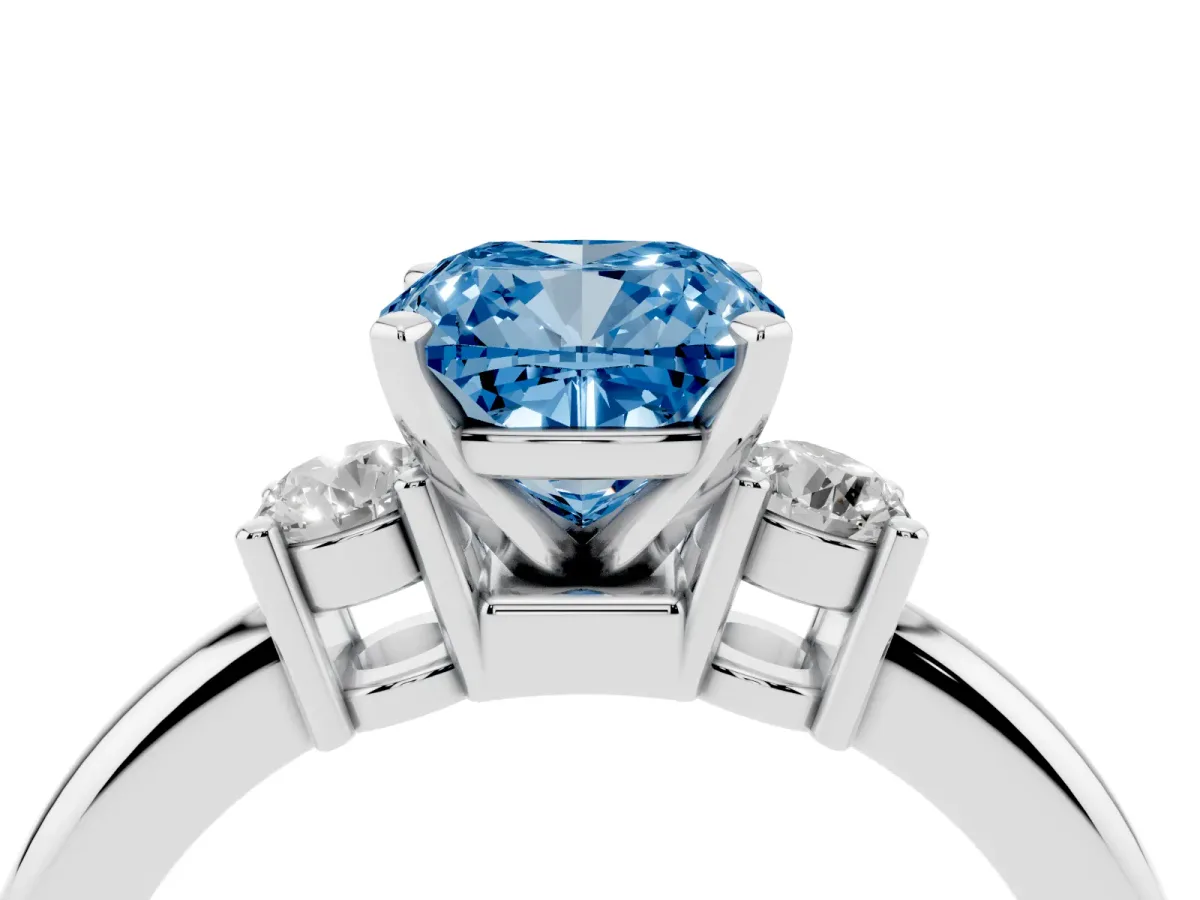 Fancy Blue Three-Stone Cushion Cut Cut Diamond Solitaire with Prong Setting and Classic Band Silver
