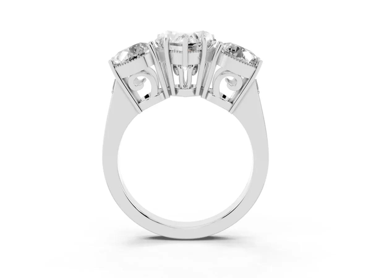 Three-Stone Heart Cut Diamond Engagement Ring with Prong Setting on a Classic Band Silver
