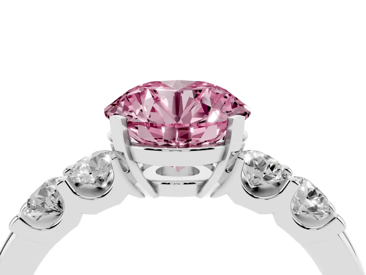Fancy Pink Round Cut Brilliant Cut Diamond Five-Stone Prong Set Engagement Ring with Channel Band Platinum