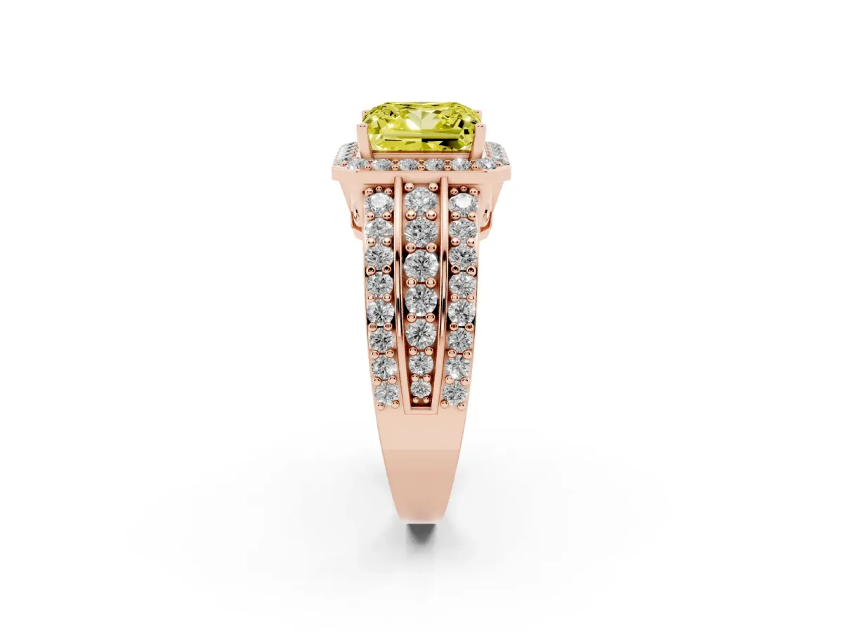 Fancy Yellow Princess Cut Halo Diamond Ring with Round Split Shank and Prong Setting Rose gold