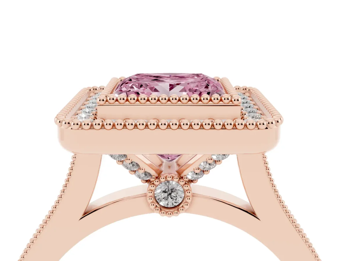 Fancy Pink Princess Cut Diamond Halo Ring with Milgrain Frame and Pavé Band Rose gold