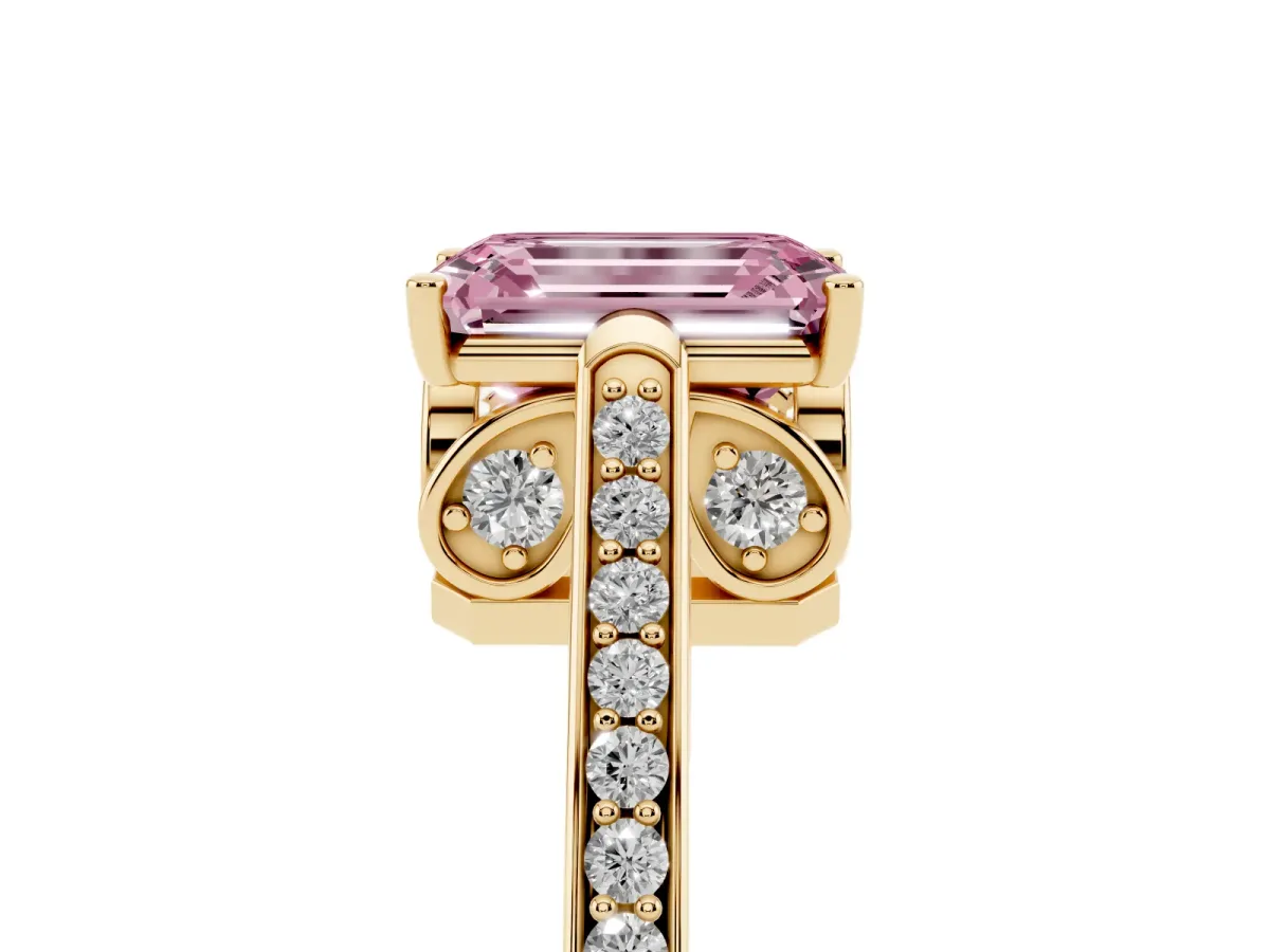 Fancy Pink Emerald Cut Cut Cathedral Pave Diamond Engagement Ring with Six-Prong Setting Yellow gold