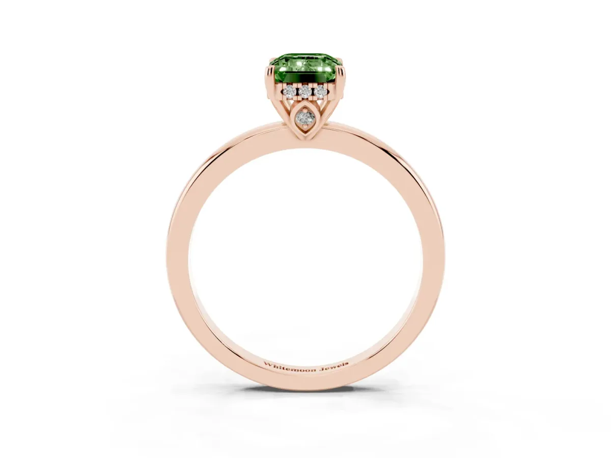 Fancy Green Emerald Cut Solitaire Diamond Ring with Prong Setting and Plain Band Rose gold