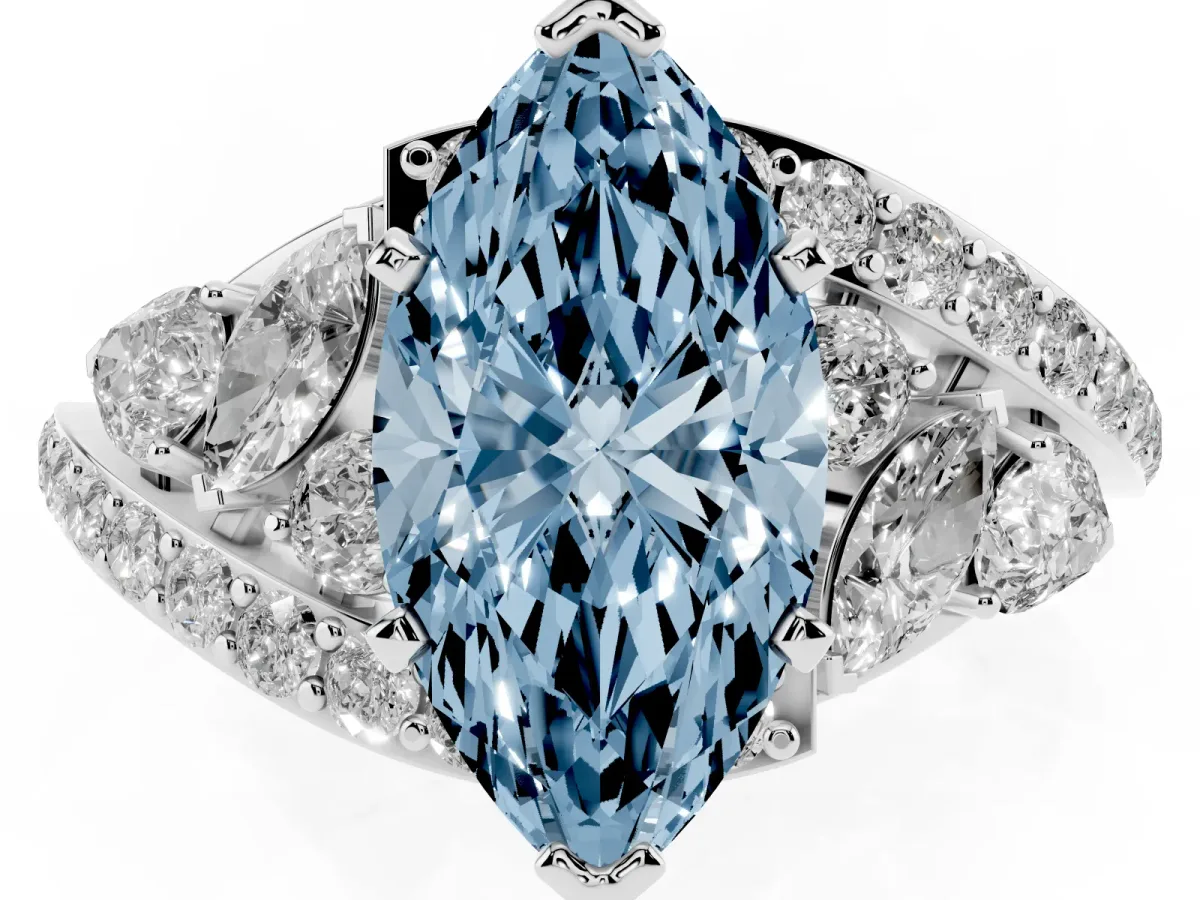 Fancy Blue Marquise Cut Diamond Halo Ring with Marquise and Pavé Band in Prong Setting Silver