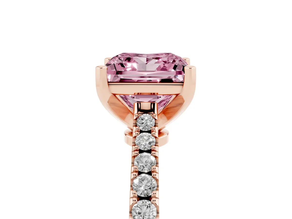 Fancy Pink Princess Cut Cut Solitaire Diamond Engagement Ring with Pave Band and Four-Prong Setting Rose gold