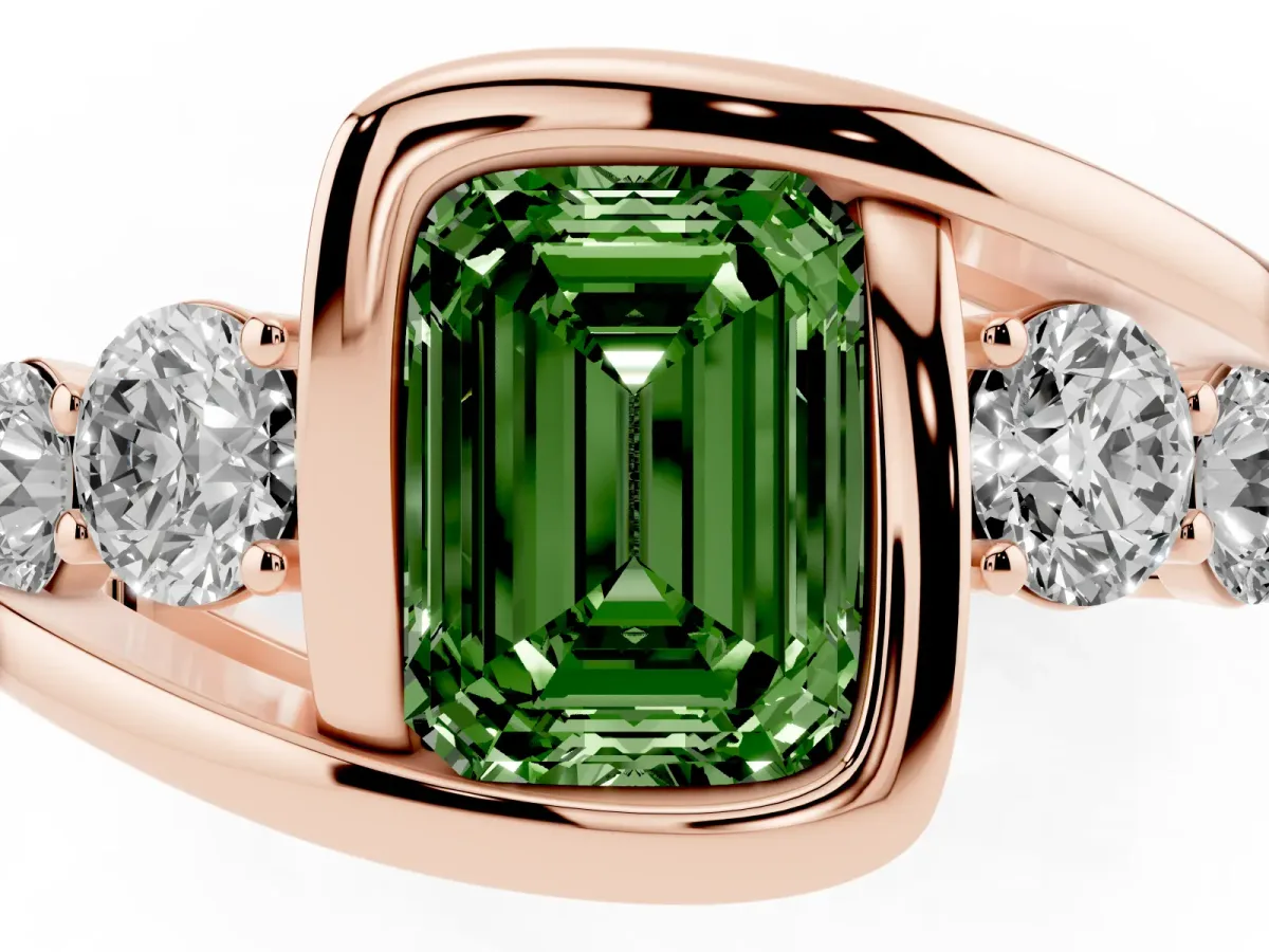 Fancy Green Bezel Set Emerald Cut Diamond Bypass Ring with Round Accents Rose gold