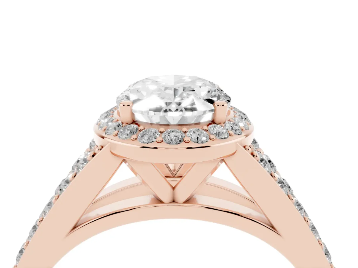 Oval Cut Diamond Split Shank Halo Ring with Four-Prong Setting Rose gold