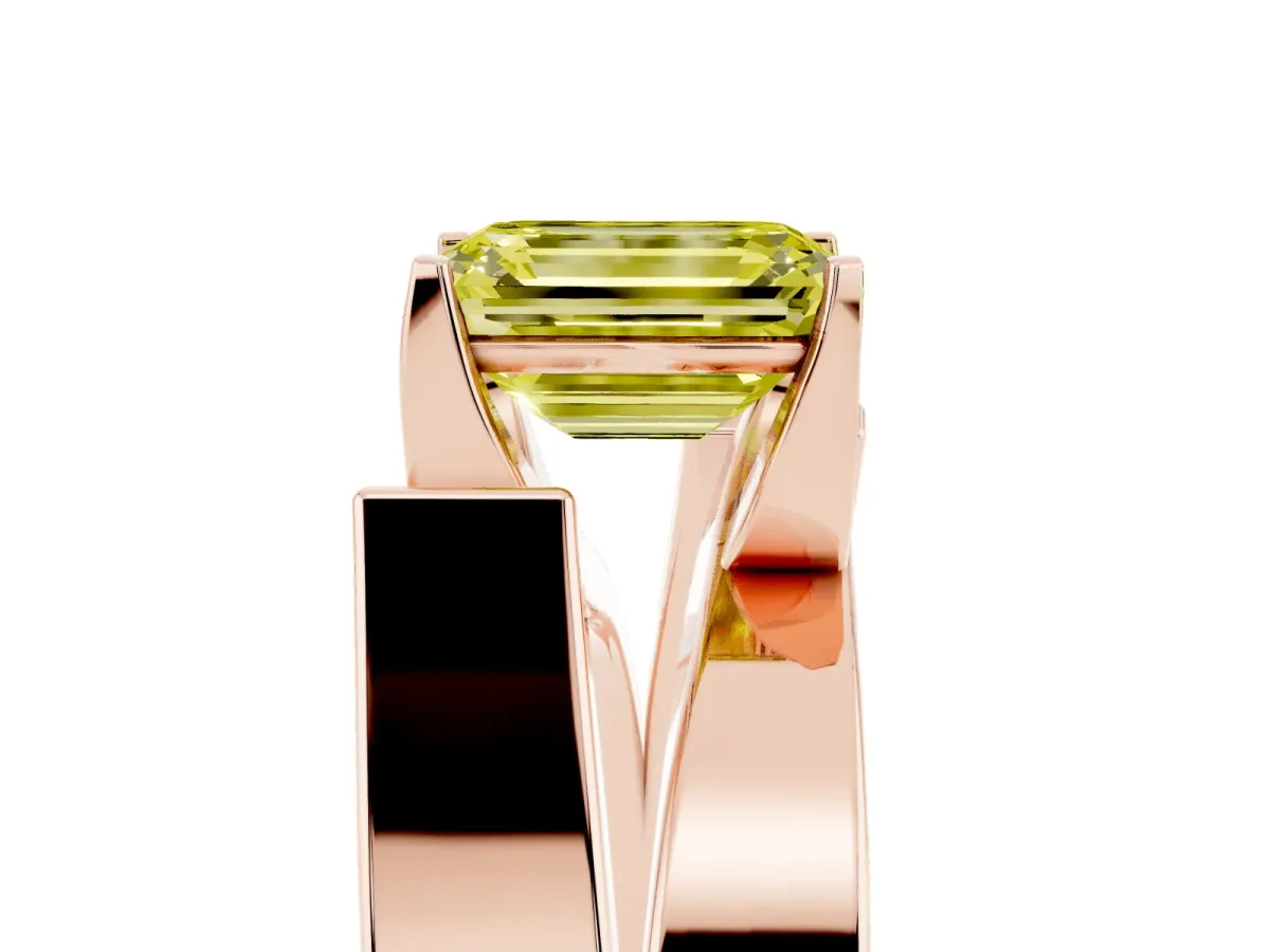 Fancy Yellow Modern Tension Set Emerald Cut Diamond Solitaire Wide Band Ring Rose gold