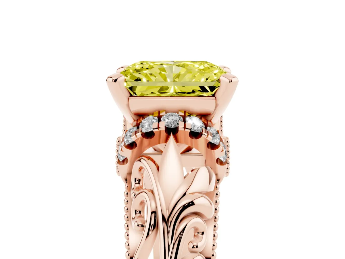 Fancy Yellow Radiant Cut Solitaire Filigree Engagement Ring with Halo and Prong Setting Rose gold