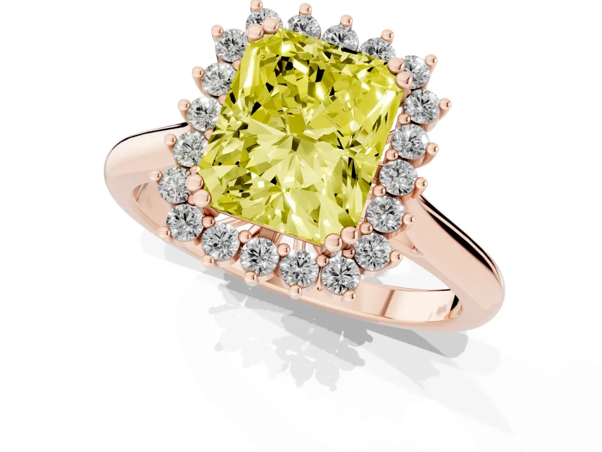 Fancy Yellow Radiant Cut Cut Diamond Halo Ring with Solitaire Band and Prong Setting Rose gold