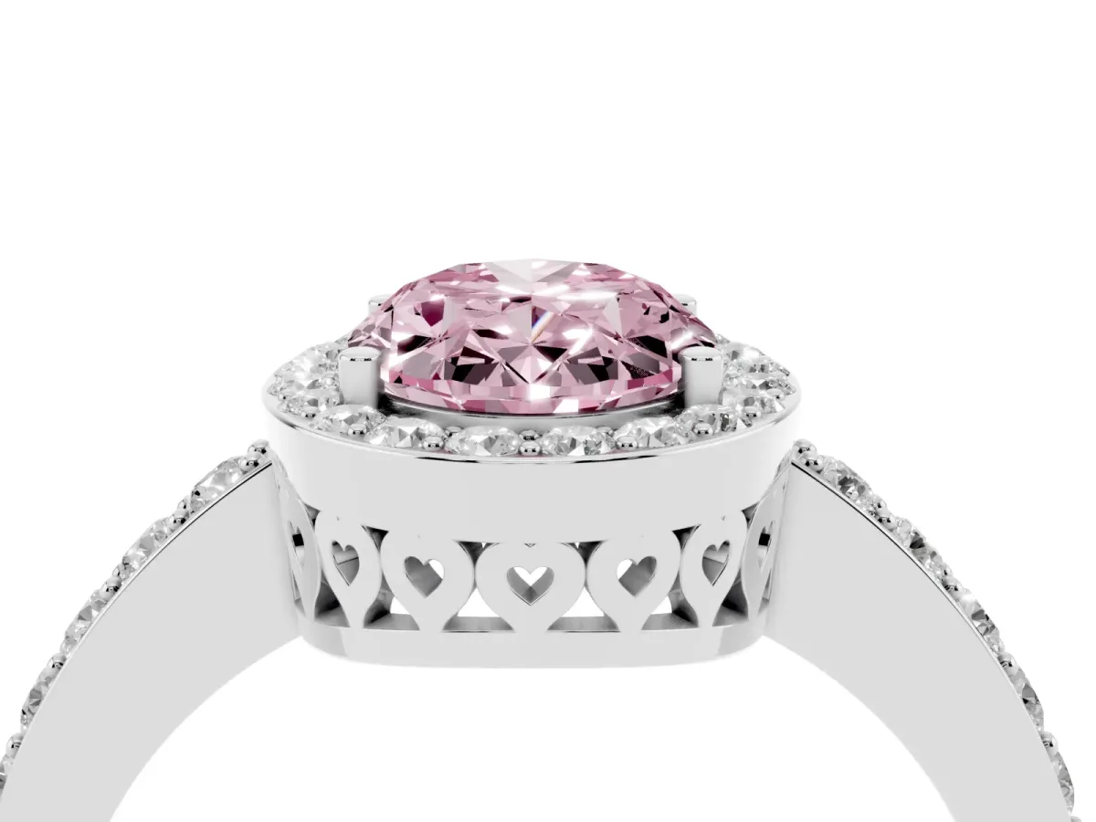 Fancy Pink Oval Cut Halo Diamond Pavé Band Ring with Prong Setting Silver