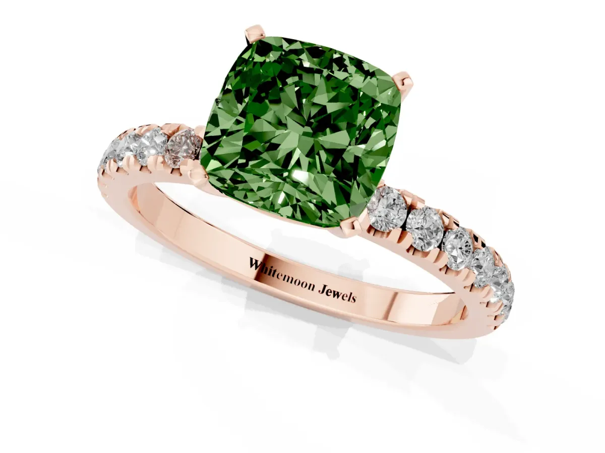 Fancy Green Cushion Cut Diamond Solitaire Ring with Pavé Accents and Four-Prong Setting Rose gold