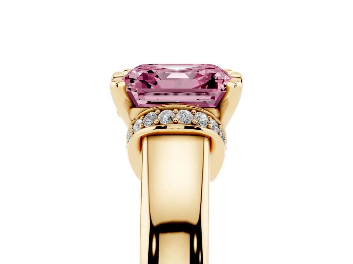 Fancy Pink Asscher Cut Solitaire Diamond Ring with Pave Band and Six-Prong Setting Yellow gold