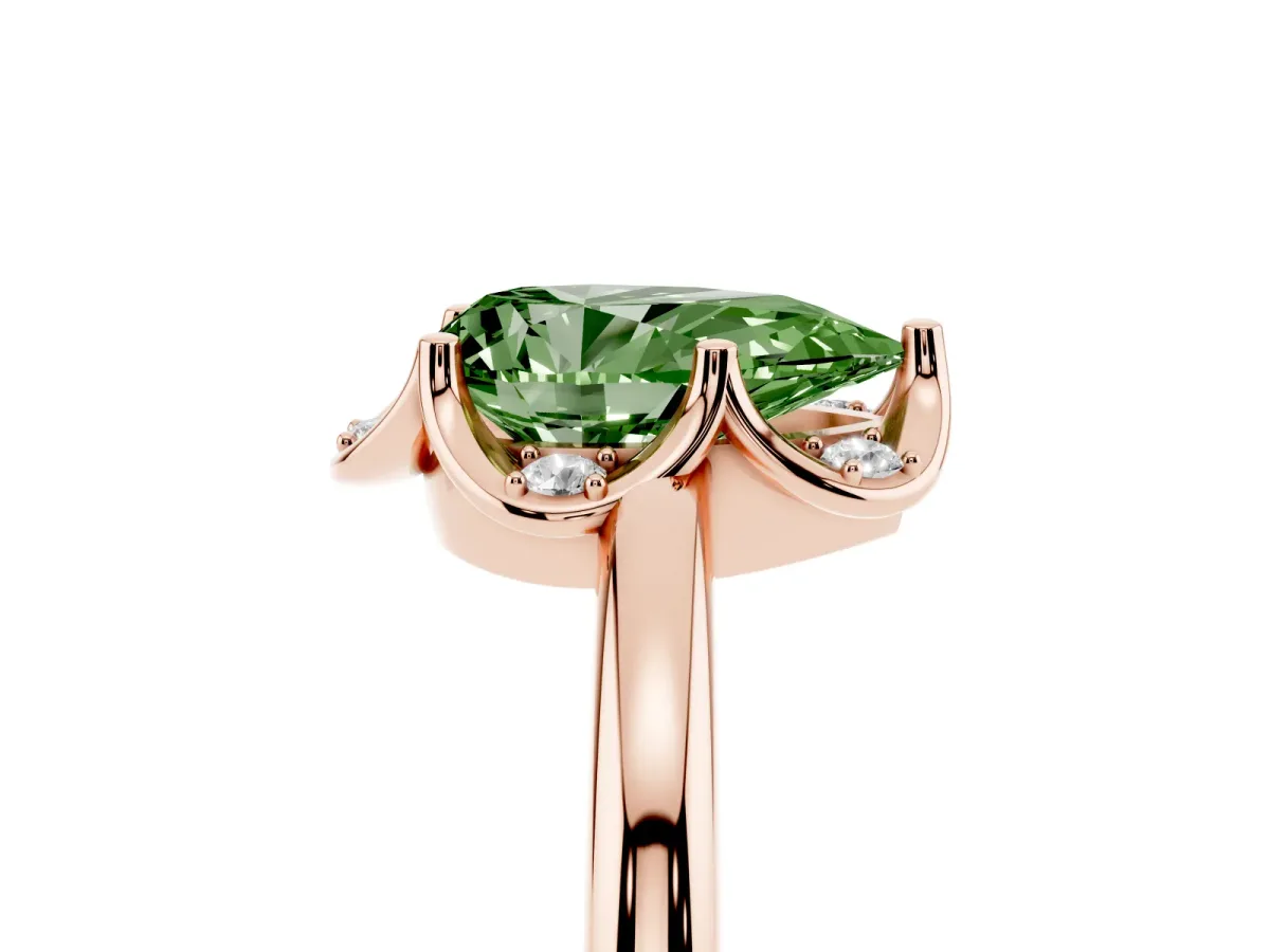 Fancy Green Pear Cut Halo Diamond Ring with Round Cluster Setting, Solitaire Band, and Four-Prong Setting Rose gold