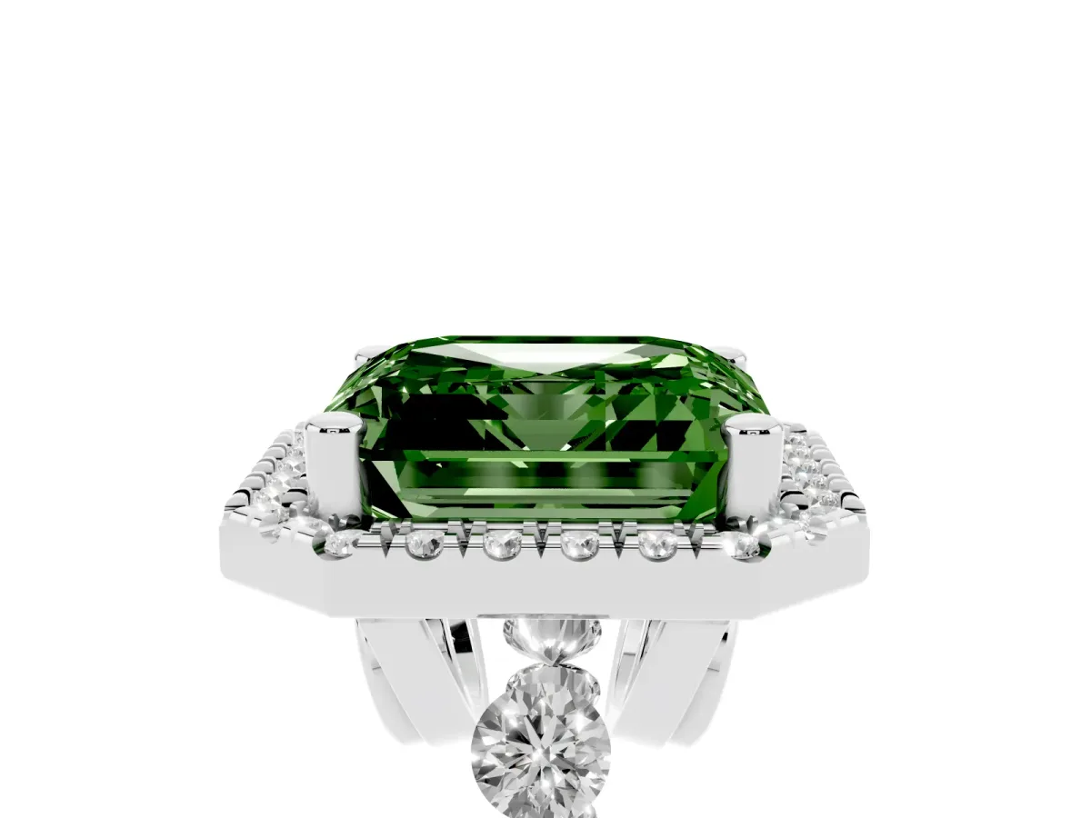 Fancy Green Asscher Cut Halo Pavé Diamond Engagement Ring with Four-Prong Setting Platinum