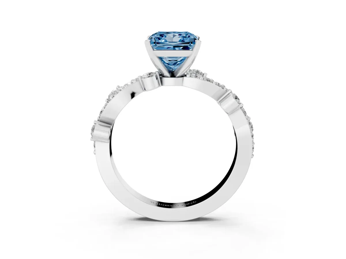 Fancy Blue Princess Cut Cut Solitaire Diamond Twisted Band with Pave Setting Silver