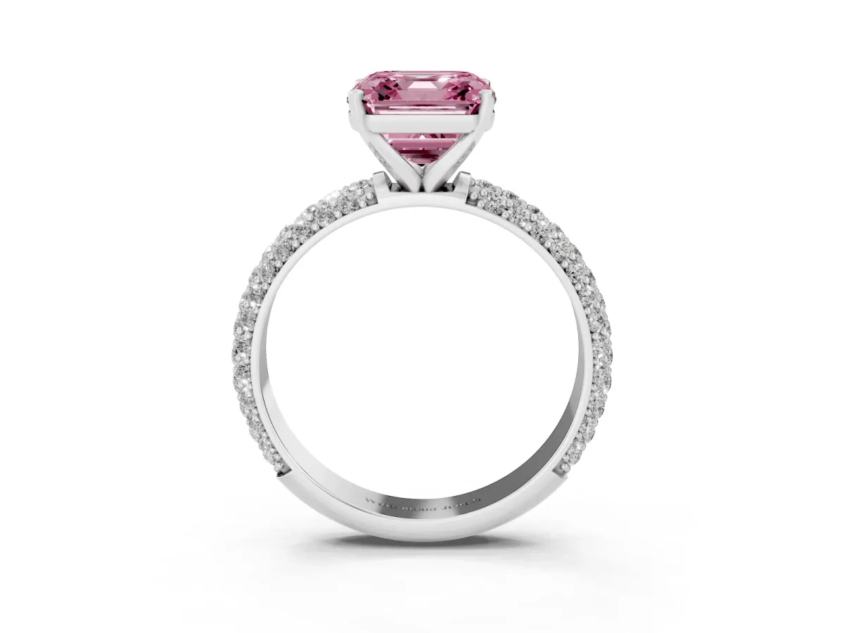 Fancy Pink Asscher Cut Diamond Solitaire Ring with Prong Setting and Pavé Band Silver