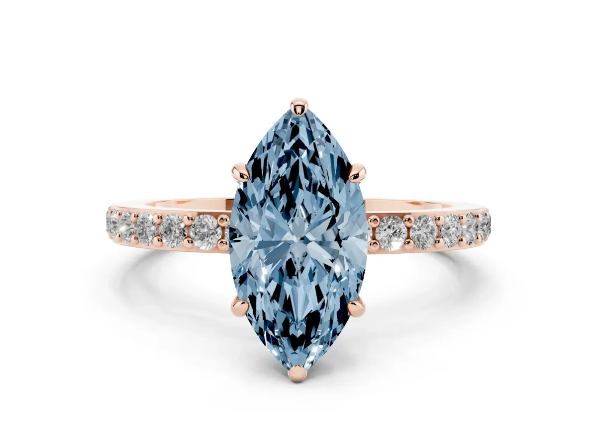 Fancy Blue Marquise Cut Diamond Pavé Engagement Ring with Round Accents and Prong Setting Rose gold