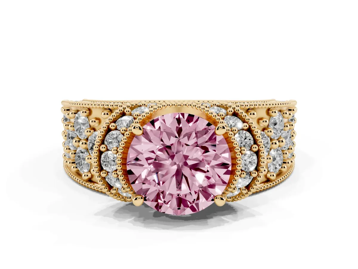 Fancy Pink Round Cut Halo Pave Diamond Engagement Ring with Milgrain Detailing Yellow gold