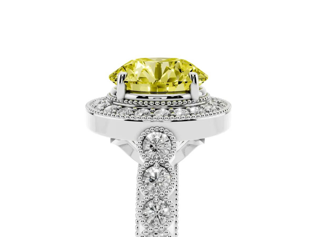 Fancy Yellow Round Cut Halo Milgrain Solitaire with Bezel Set Side Stones and Pave Band Platinum