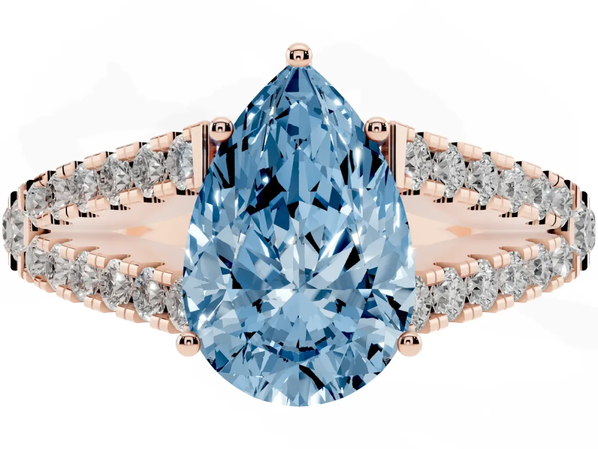 Fancy Blue Pear Cut Diamond Split Shank Engagement Ring with Round Pavé and Prong Setting Rose gold