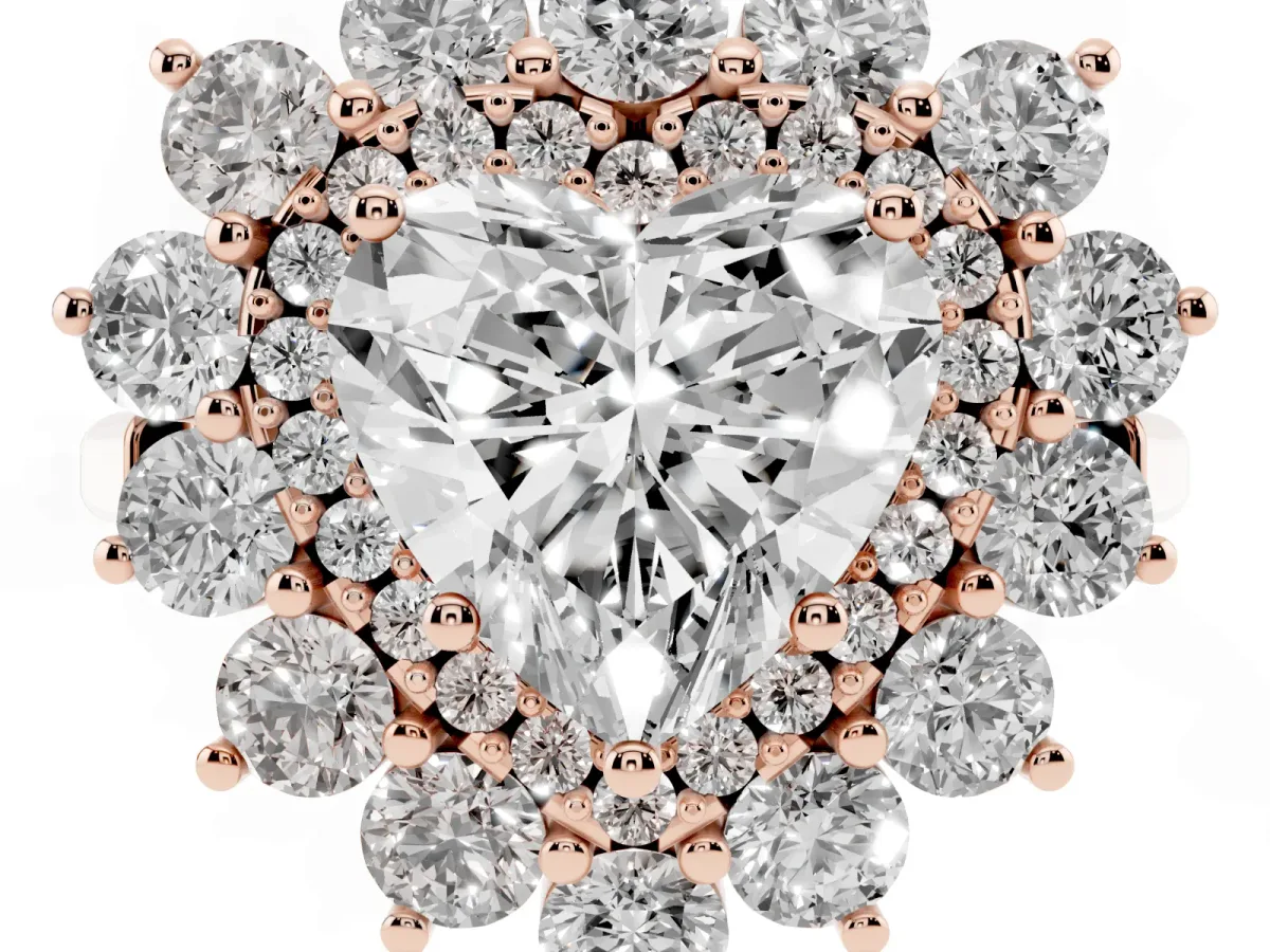 Heart Cut Diamond Floral Double Halo Engagement Ring with Prong Setting Rose gold