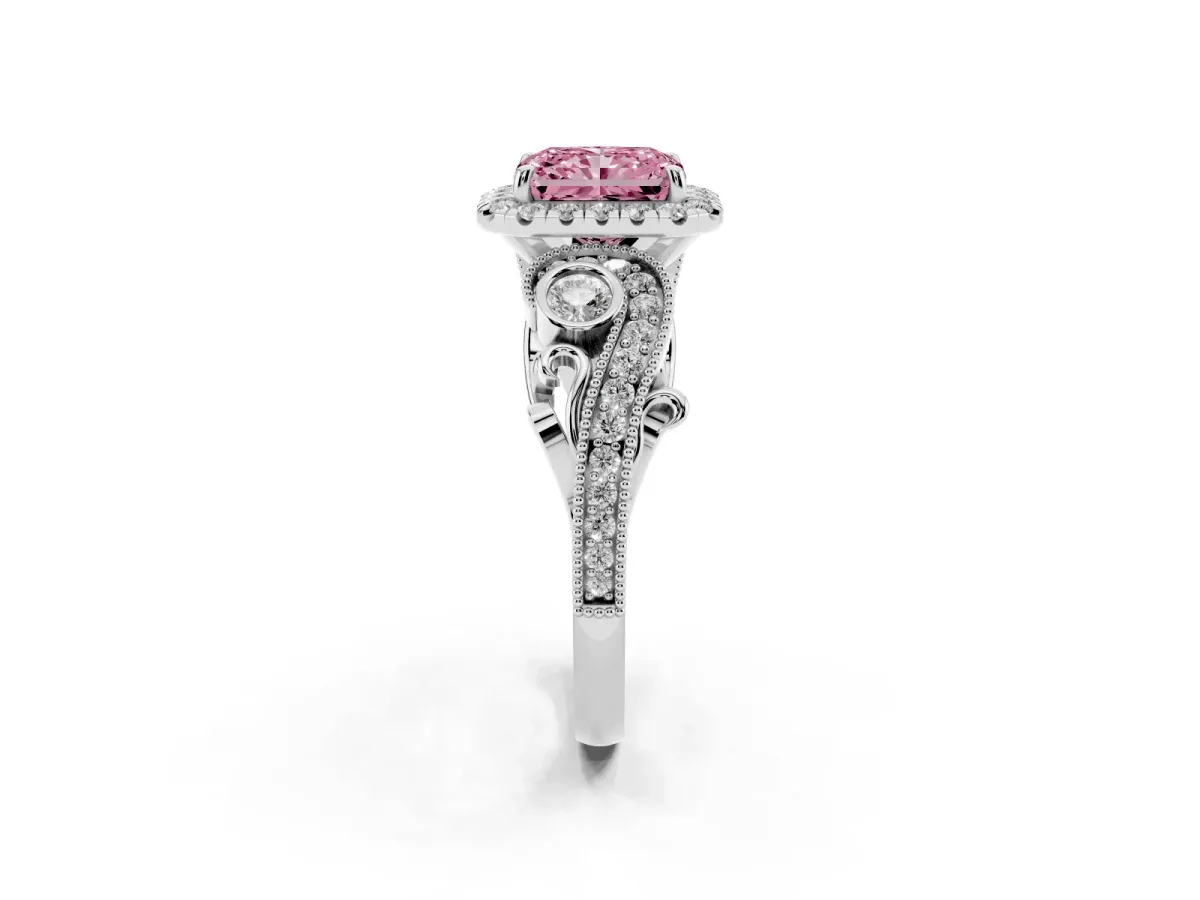 Fancy Pink Radiant Cut Halo Diamond Ring with Milgrain and Bezel Accents on a Split Shank Band Platinum