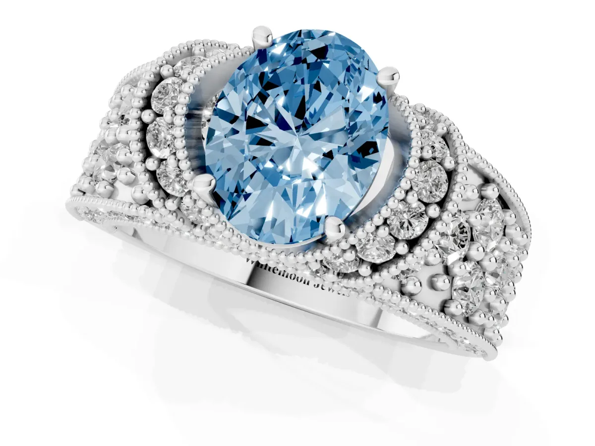 Fancy Blue Oval Cut Halo Pave Diamond Engagement Ring with Milgrain Detailing White gold