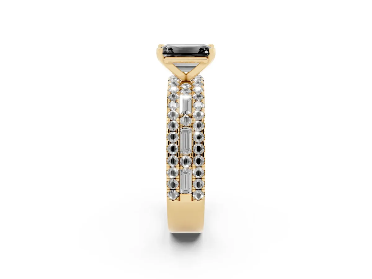 Fancy Black Emerald Cut Diamond Solitaire Ring with Pavé and Channel Set Band Yellow gold