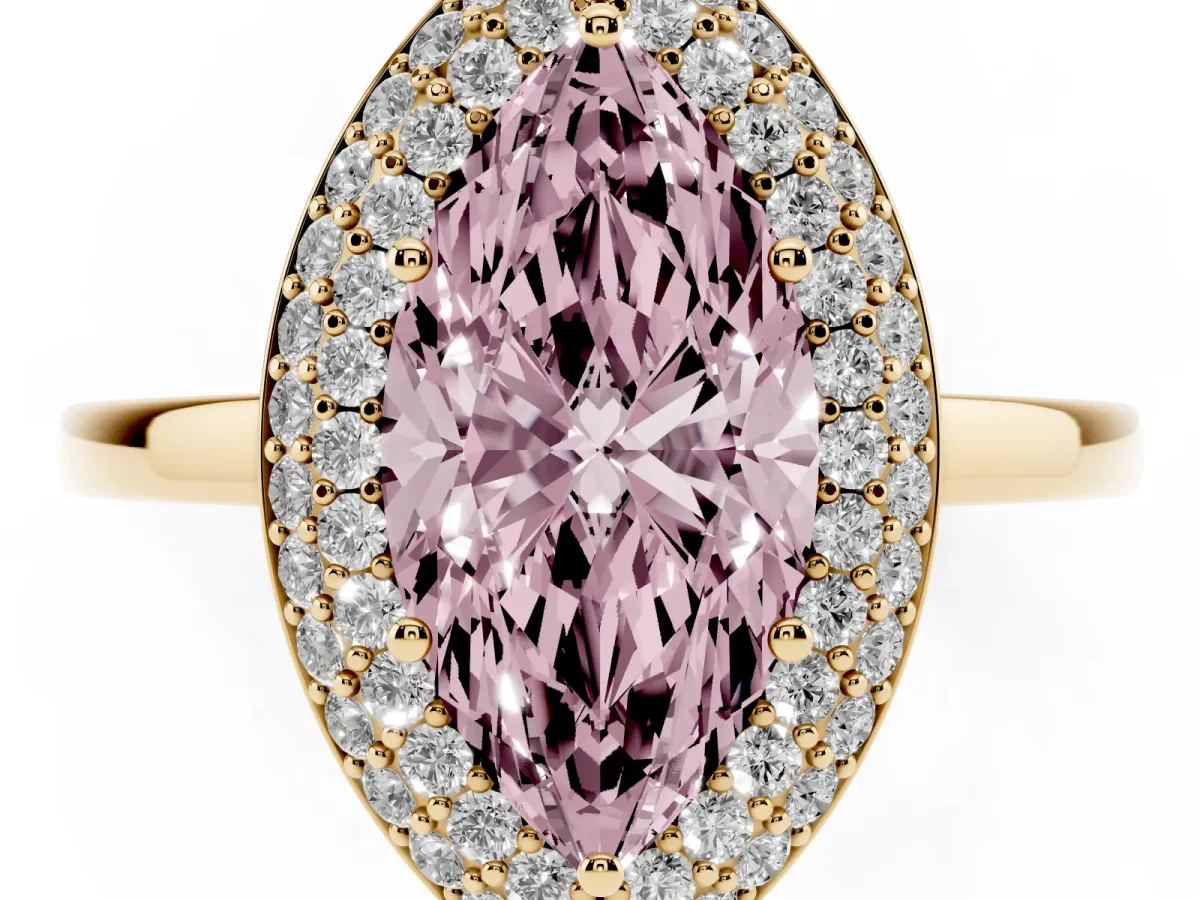 Fancy Pink Marquise Cut Halo Diamond Engagement Ring with Solitaire Band and Four-Prong Setting Yellow gold