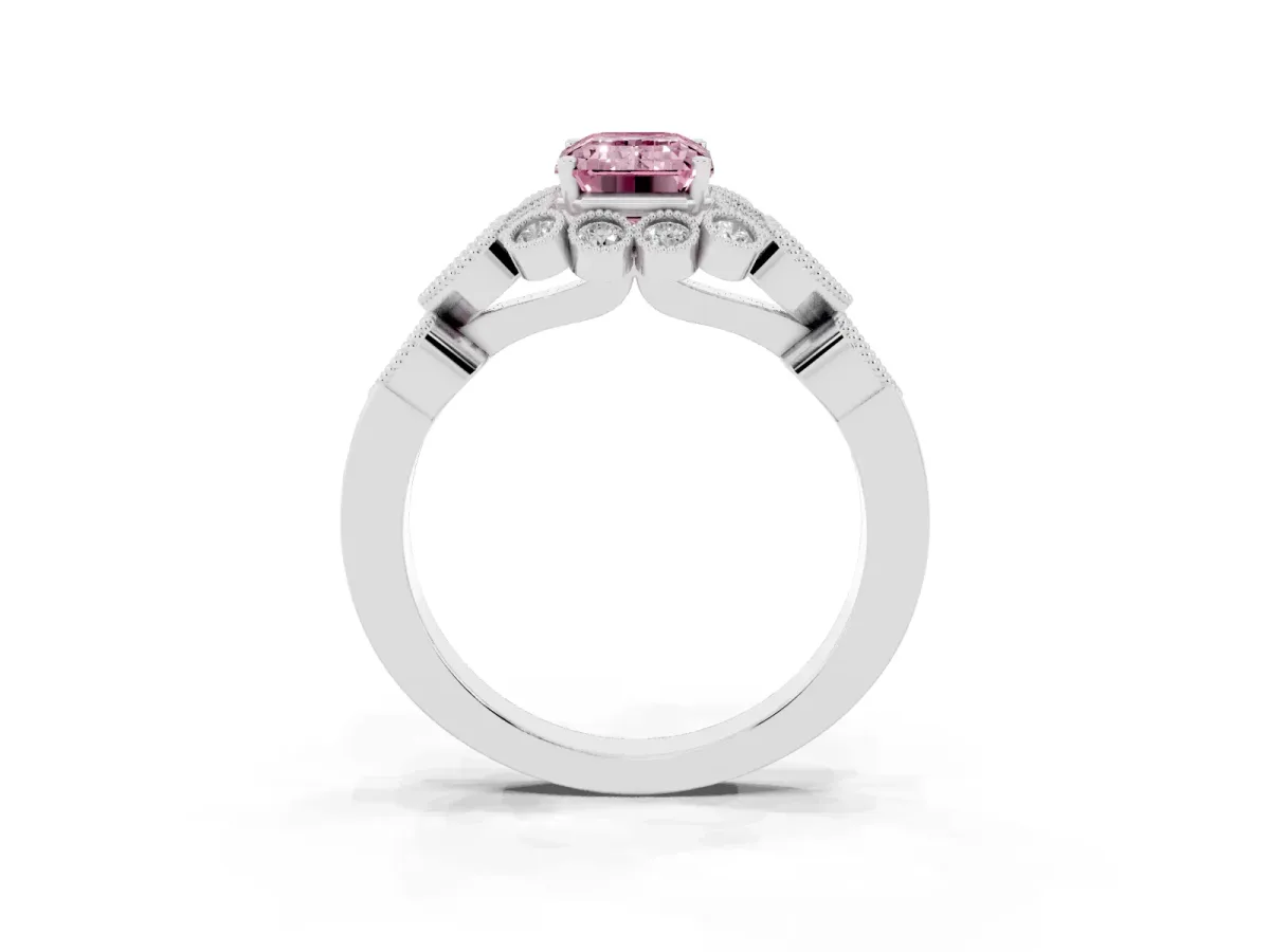 Fancy Pink Emerald Cut Brilliant Milgrain Pave Heart Band Solitaire Ring Silver