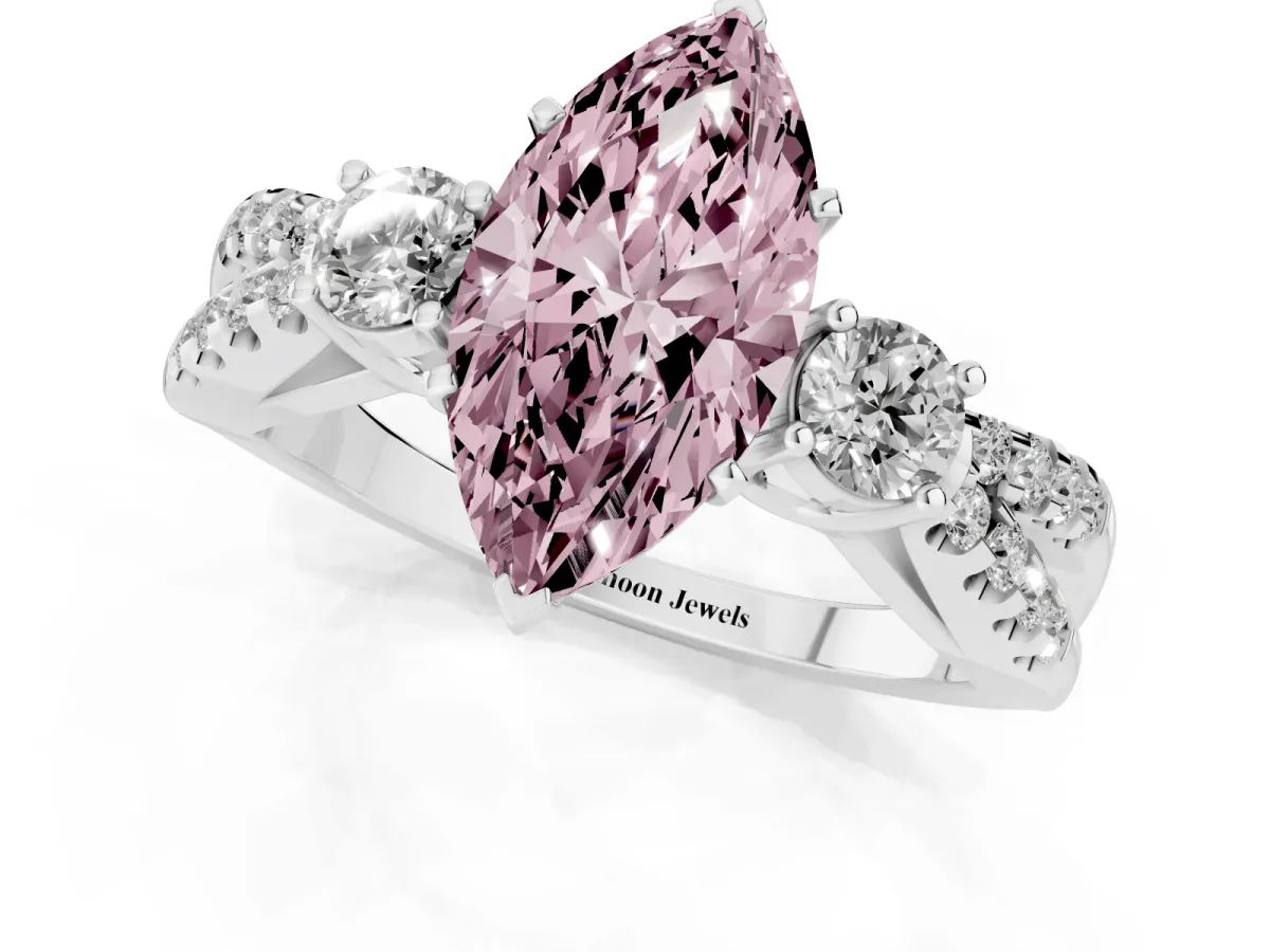 Fancy Pink Marquise Cut Diamond Three-Stone Ring with Pavé Split Shank and Four-Prong Setting Silver