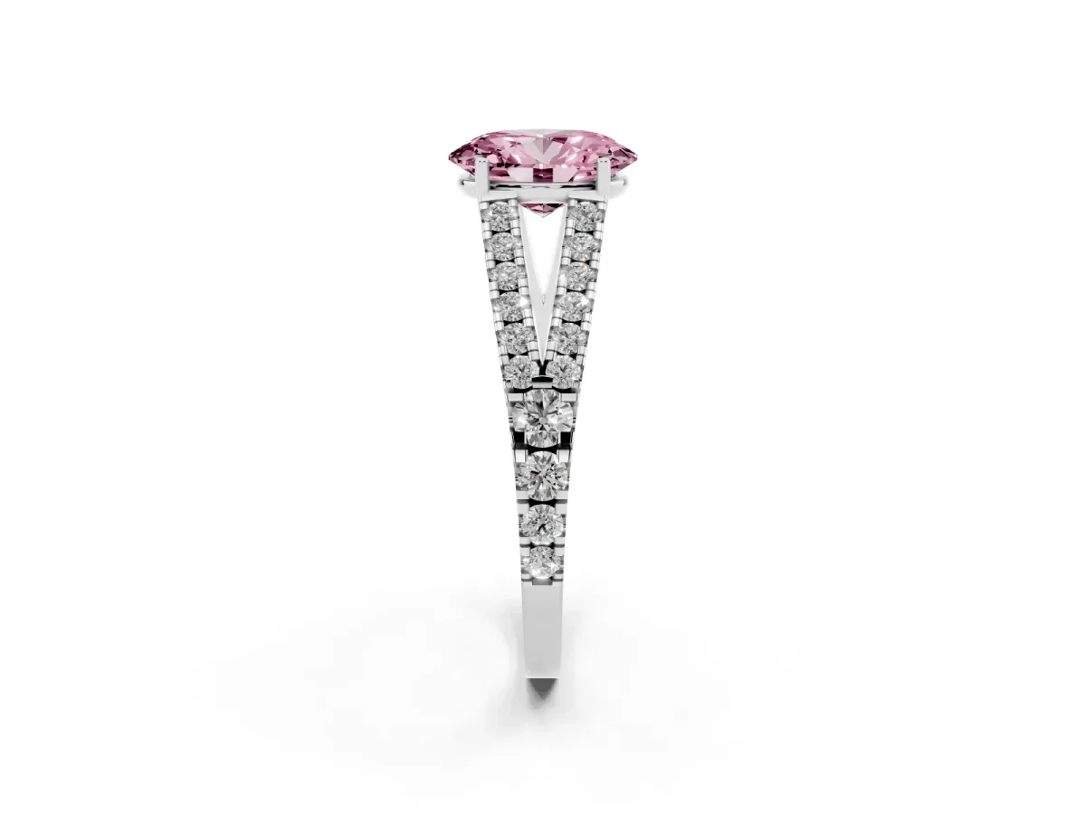Fancy Pink Oval Cut Diamond Split Shank Engagement Ring with Round Pavé and Prong Setting Silver