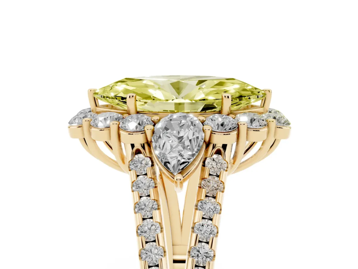 Fancy Yellow Marquise Cut Halo Split Shank Diamond Engagement Ring with Prong Setting Yellow gold
