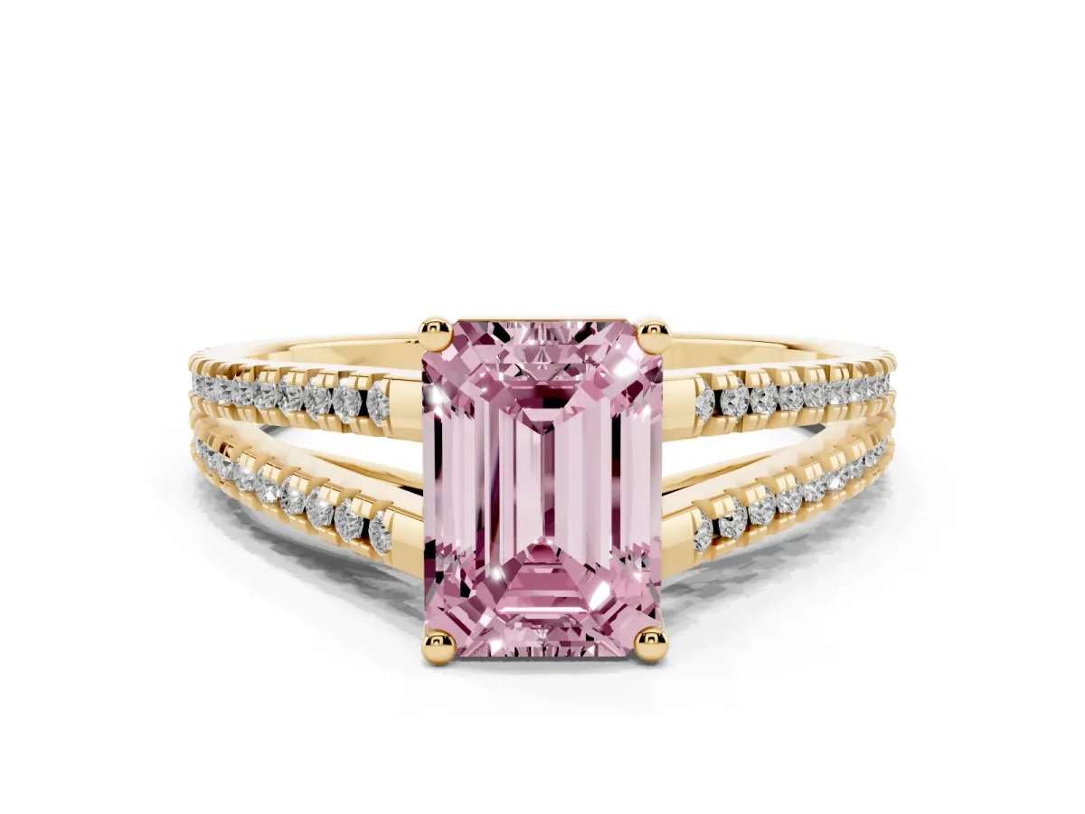 Fancy Pink Emerald Cut Diamond Solitaire Engagement Ring with Split Shank Pavé Band Yellow gold