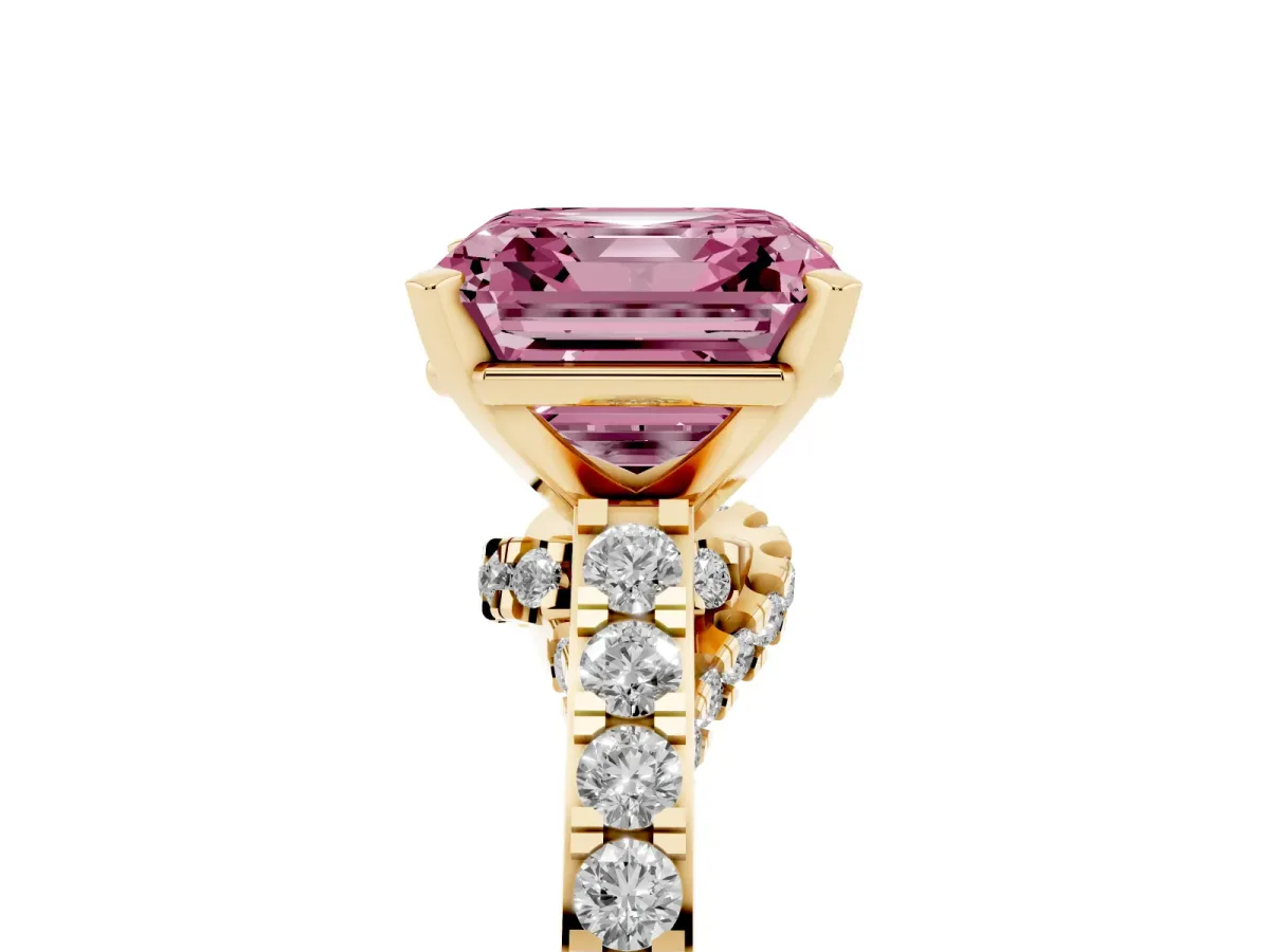 Fancy Pink Asscher Cut Diamond Solitaire Ring with Crossover Gallery and Round Pavé Band Yellow gold