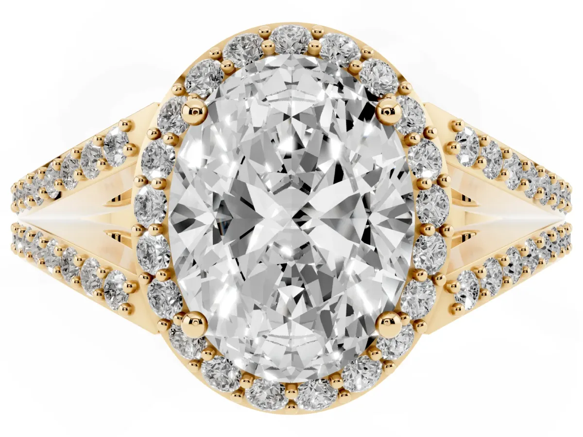 Oval Cut Halo Split Shank Pave Diamond Ring with Four-Prong Setting Yellow gold