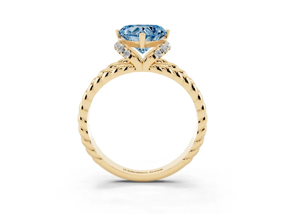 Fancy Blue Heart Cut Halo Twisted Band Four-Prong Ring Yellow gold