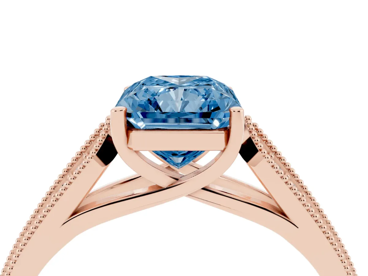 Fancy Blue Radiant Cut Cut Pave Split Shank Engagement Ring with Four-Prong Setting Rose gold