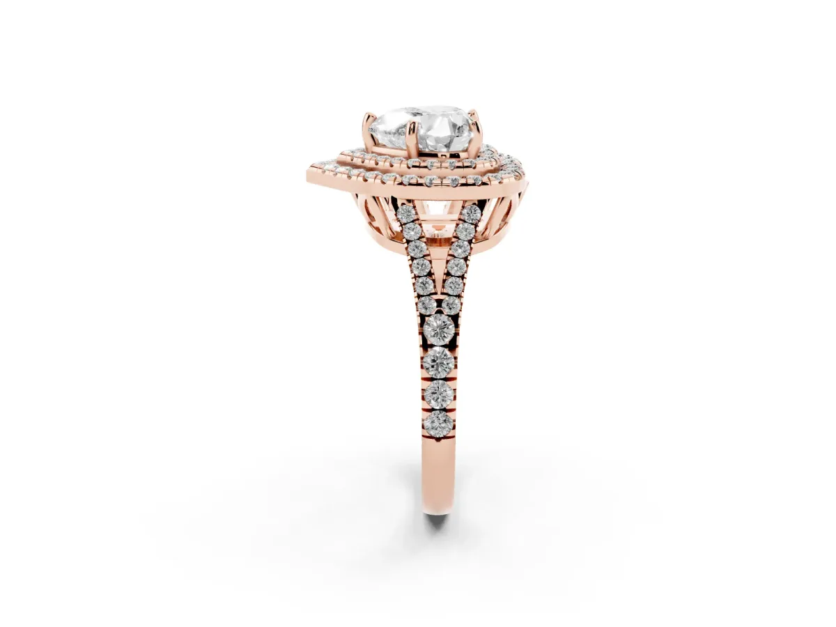 Heart Cut Diamond Double Halo Ring with Pavé Band and Prong Setting Rose gold
