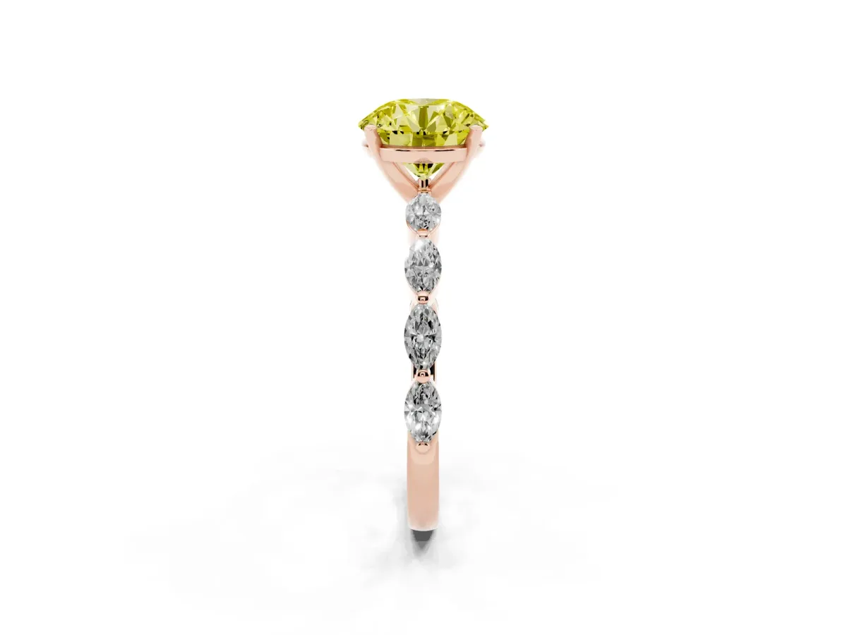 Fancy Yellow Round Cut Diamond Ring with Marquise Side Stones and Prong Setting Rose gold
