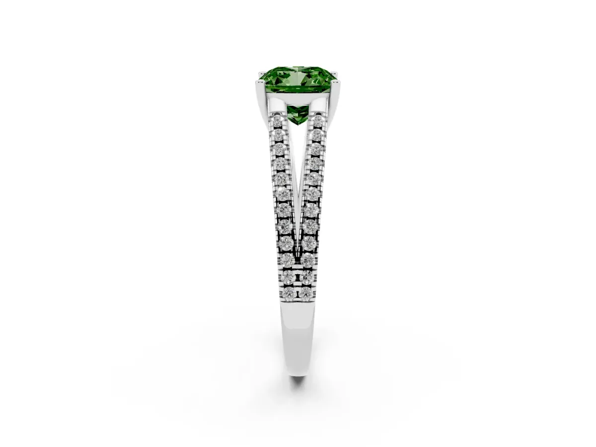 Fancy Green Cushion Cut Diamond Solitaire Engagement Ring with Split Shank Pavé Band Silver
