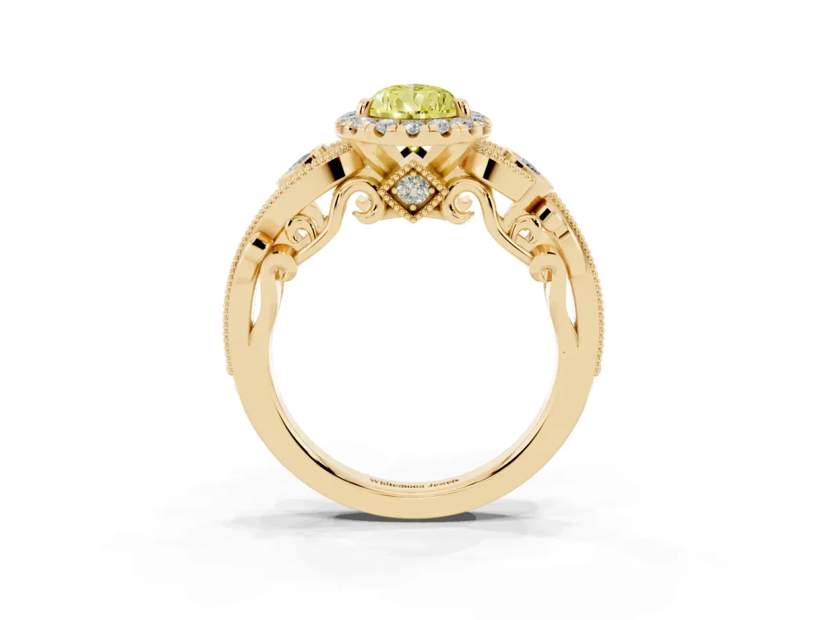 Fancy Yellow Pear Cut Halo Diamond Ring with Milgrain and Bezel Accents on a Split Shank Band Yellow gold