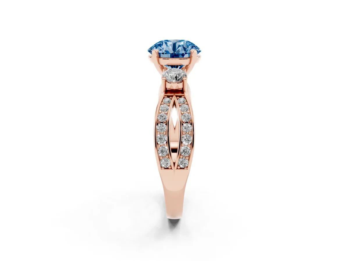 Fancy Blue Three-Stone Round Cut Cut Diamond Twist Band with Prong Setting Rose gold