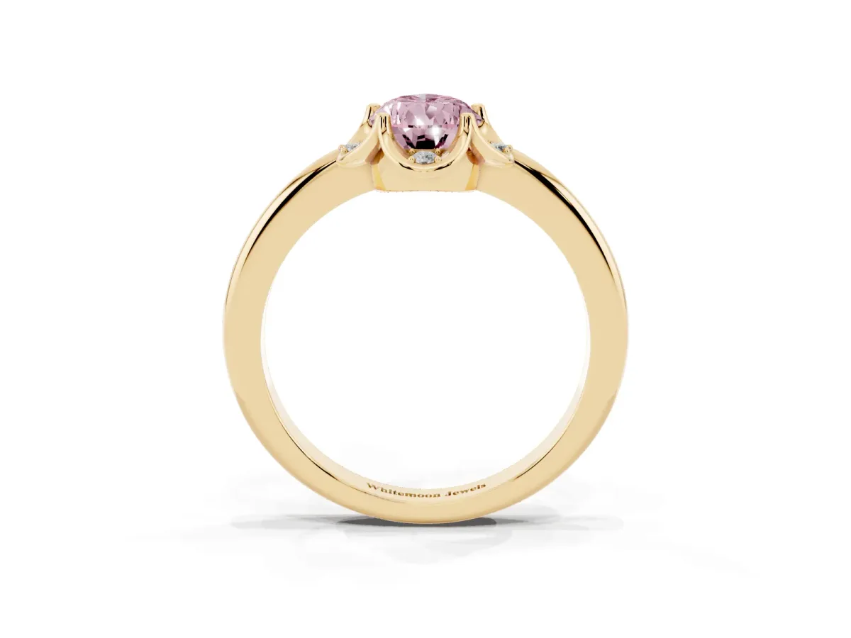 Fancy Pink Pear Cut Halo Diamond Ring with Round Cluster Setting, Solitaire Band, and Four-Prong Setting Yellow gold