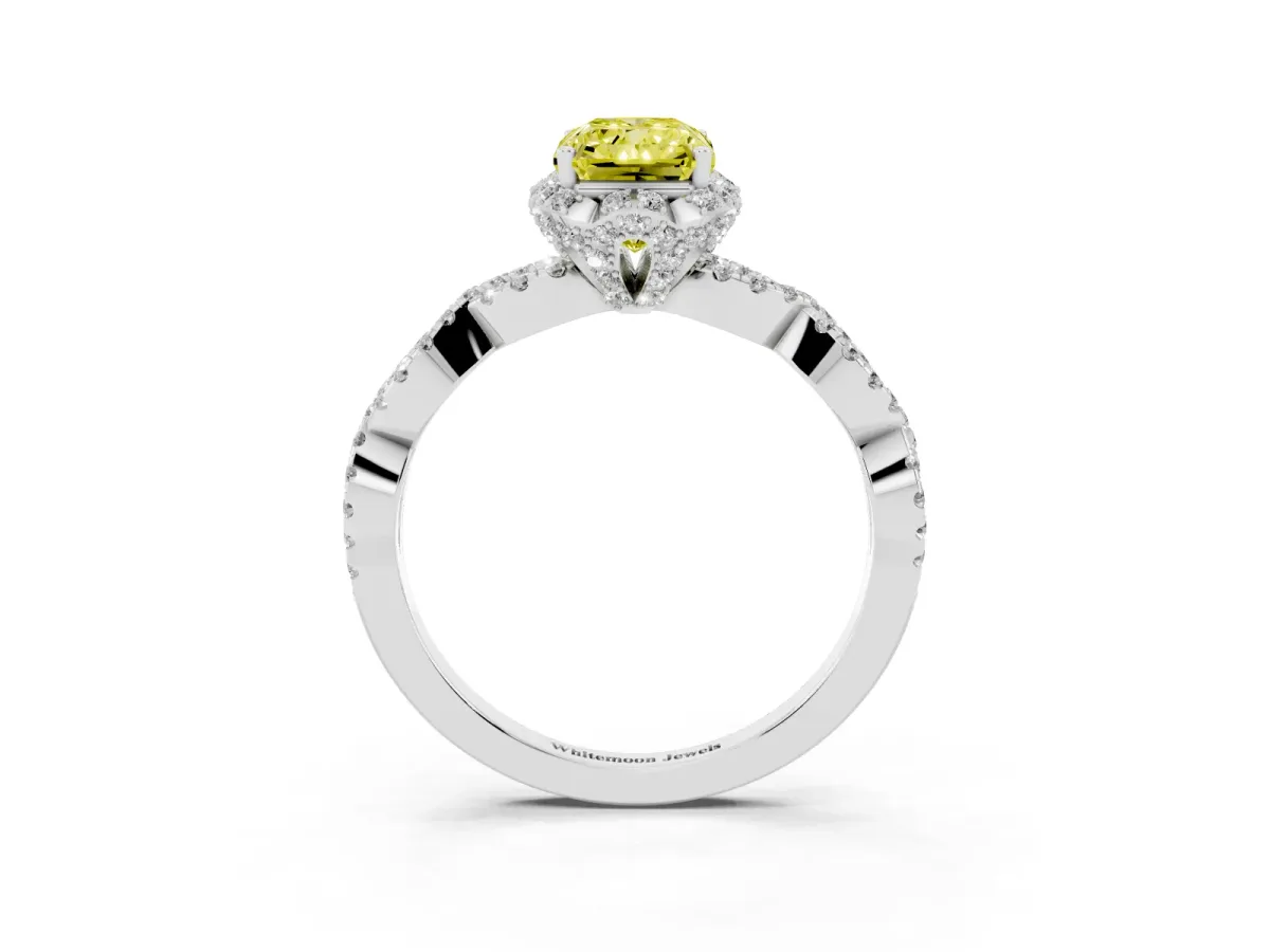 Fancy Yellow Radiant Cut Halo Twist Band Solitaire Ring with Six-Prong Setting Platinum