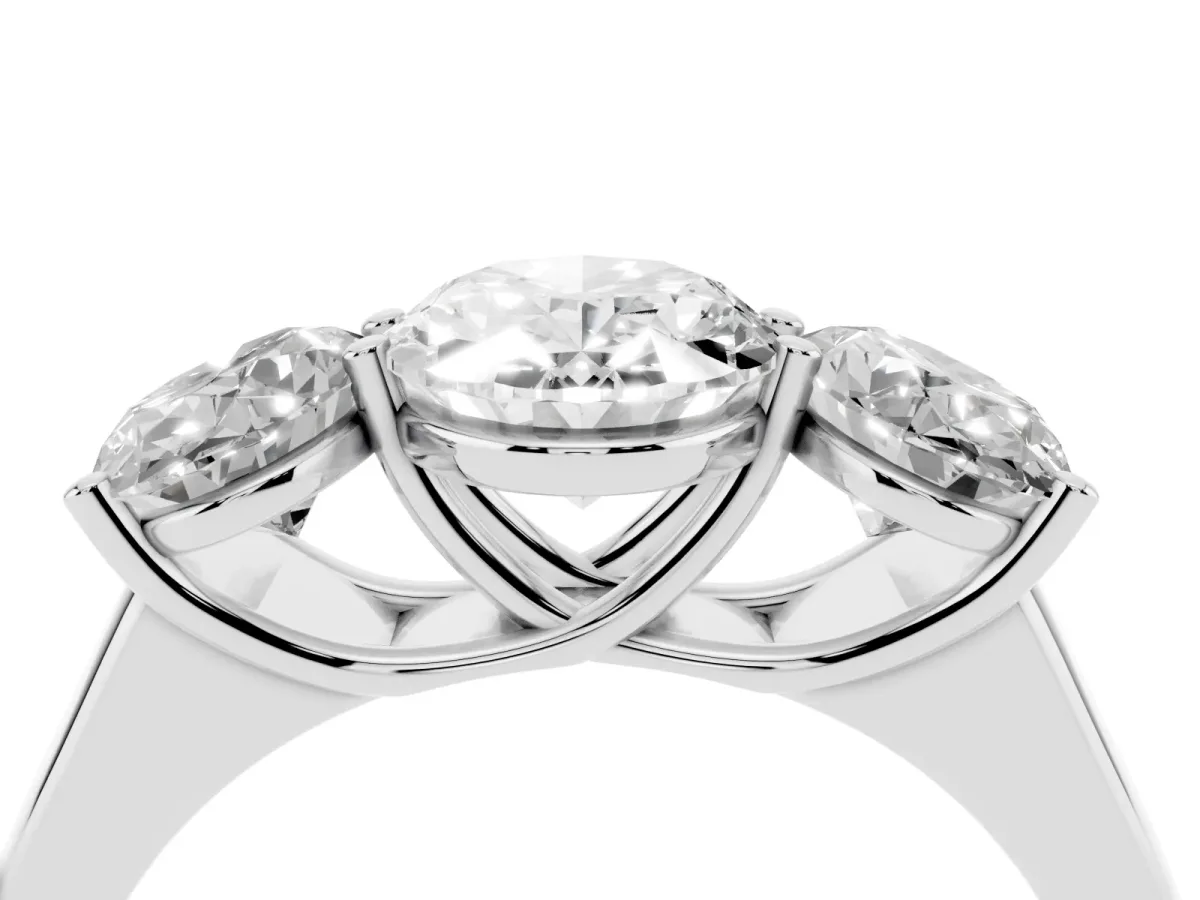 Oval Cut Three-Stone Diamond Ring with Prong Setting on a Classic Band Silver