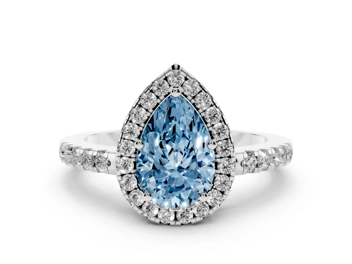 Fancy Blue Pear Cut Halo Diamond Engagement Ring with Pavé Band and Four-Prong Setting Platinum