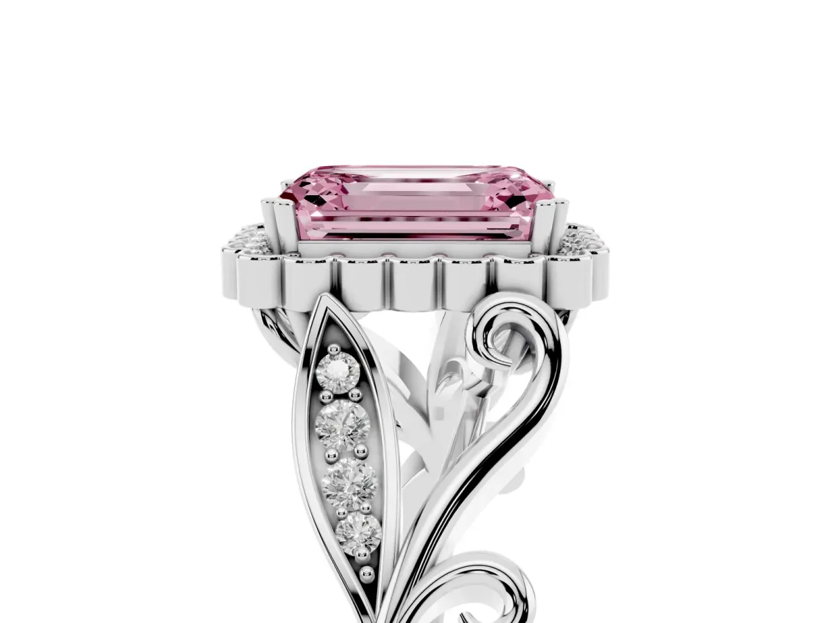 Fancy Pink Emerald Cut Diamond Halo Ring with Vintage Split Shank and Four-Prong Setting Silver